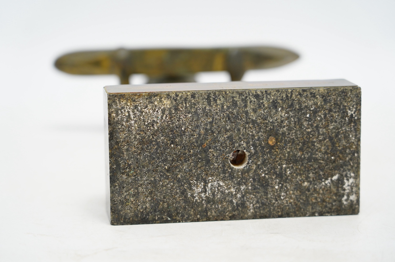 A 1960s modernist bronze figure of a man holding a boat, plaque inscribed ‘“3.MAJ” SHIPYARD AND DIESEL ENGINE FACTORY 1968.’, 29cm. Condition - fair to good